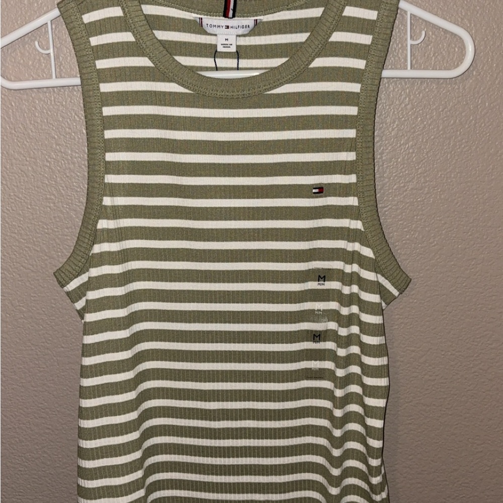 Tommy Hilfiger Green and White Striped Tank Top